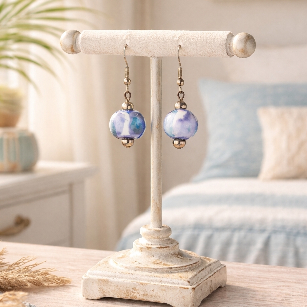 Blue & White Beaded Earrings Ceramic SO BEACHY!!! Casual Everyday - Pre-loved